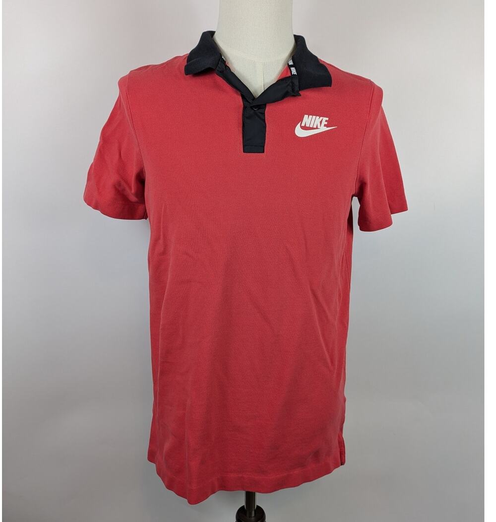 Nike Mens Medium Polo 100% Cotton Coral Logo Casual Black Golf Sports 2 Button